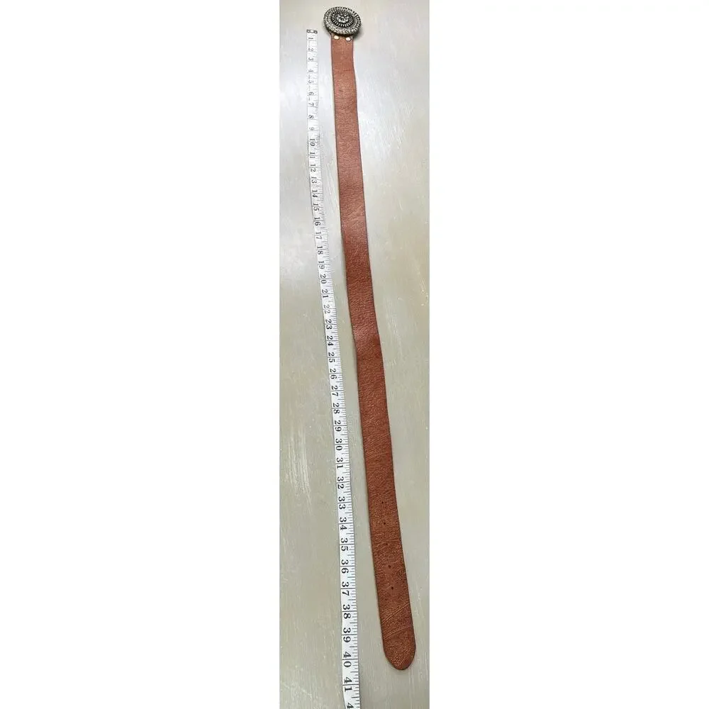 Boho Fossil Tooled Leather Belt with Bedazzled Medallion Style Buckle